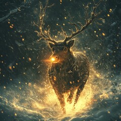 Canvas Print - A majestic stag with glowing antlers runs through a snowy forest with a burst of magical light emanating from its nose.