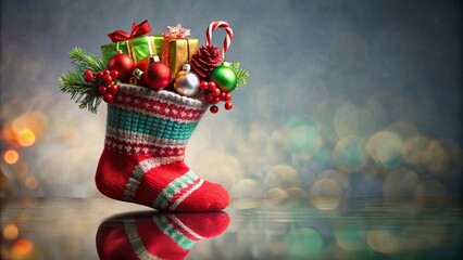 festive Christmas sock filled with gifts and decorations