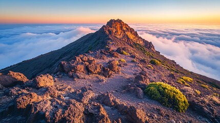 Wall Mural - A majestic mountain peak juts out above a sea of clouds at sunset, casting long shadows across the rocky landscape.