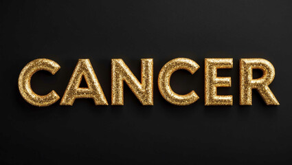 Wall Mural - cancer word lettering with glitter gold shining effect on plain black background