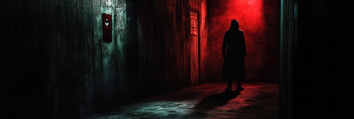 Aufkleber - A shadowy figure is illuminated by a spotlight in a dark corridor, surrounded by deep red and black hues, creating an intense atmosphere. Generative AI