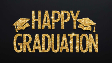 Wall Mural - happy graduation word lettering with glitter gold shining effect on plain black background