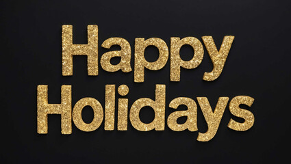 Wall Mural - happy holidays word lettering with glitter gold shining effect on plain black background