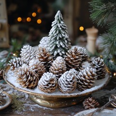 Canvas Print - A miniature Christmas tree and pine cones dusted with powdered sugar on a gold serving tray.