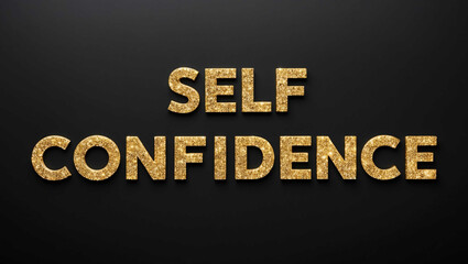 Poster - self confidence word lettering with glitter gold shining effect on plain black background