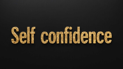 Poster - self confidence word lettering with glitter gold shining effect on plain black background