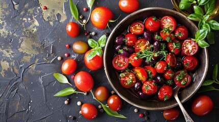 Wall Mural - Fresh Tomato Basil Salad in Rustic Bowl on Dark Background