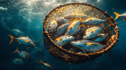 A Fishing Net Full of Yellowtail Fish Floating on the Surface of the Ocean, Highlighting the Abundance of Marine Life and the Bounty of the Sea, Perfect for Concepts of Sustainability and Commercial F