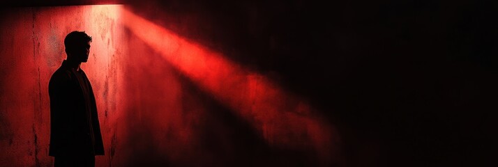 Aufkleber - A dark room emphasizes a shadowy figure caught in a spotlight, surrounded by intense black and red hues, evoking a sense of dread. Generative AI