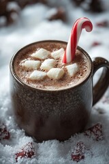 Sticker - A mug of hot chocolate topped with marshmallows and a candy cane.