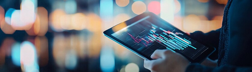 Poster - An investor checking their portfolio on a tablet, emphasizing the long-term growth of dividend-paying stocks, vibrant cityscape in the background