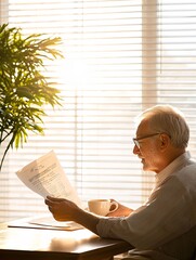Poster - A serene image of a retiree enjoying a cup of coffee while reviewing their dividend income statement, symbolizing financial security