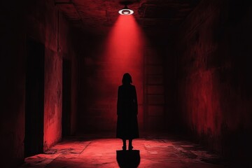 Aufkleber - In a dark room, a solitary figure is highlighted by a red spotlight, creating an atmosphere of tension and mystery. Generative AI