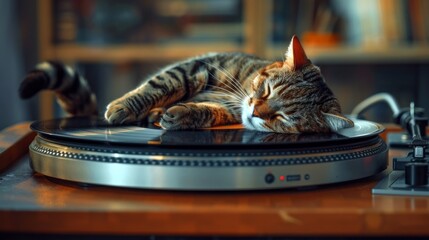 Wall Mural - A cat is sleeping on a record player