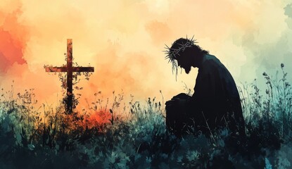 A solemn silhouette of Jesus Christ kneeling before a cross, a poignant reminder of his sacrifice. .