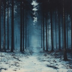 Wall Mural - A path through a snowy, misty forest with tall trees on either side.