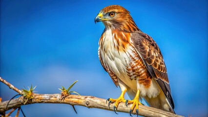 Majestic Red Tailed Hawk Perched on a Branch Against a Clear Blue Sky in Natural Habitat