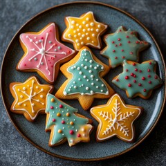 Poster - A plate of colorful Christmas-themed cookies decorated with icing.