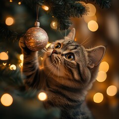 Poster - A playful cat interacts with a Christmas ornament on a tree, surrounded by warm lights.