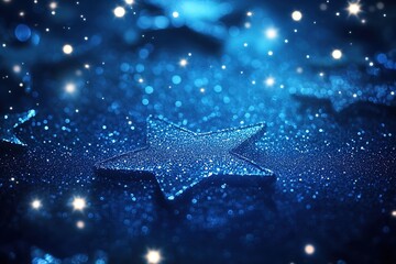 sparkling blue stars on dark, festive mood backdrop.