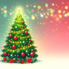 Festive Christmas Background with Tree, Red Baubles, and Twinkling Lights