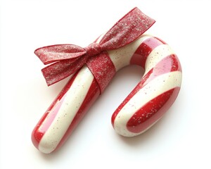 Poster - A red and white candy cane with a red bow isolated on a white background.