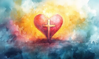 A watercolor painting of a heart with a cross, representing the love of Jesus Christ. .