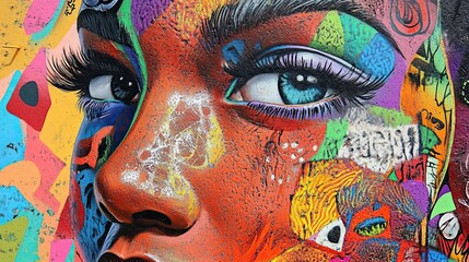 Poster - Close-up of a Colorful Graffiti Mural Depicting a Woman's Face