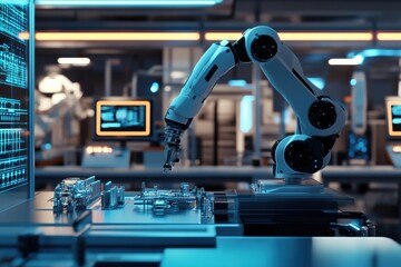 Poster - A sophisticated robotic arm skillfully assembles complex machinery in a sleek, modern lab filled with holographic displays and glowing panels. Generative AI
