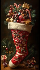 Poster - A red Christmas stocking overflowing with gifts, candy, and ornaments.