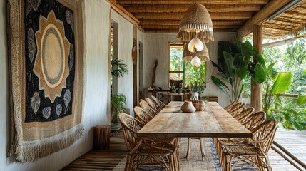 A rustic Filipino dining area with a long narra wood table