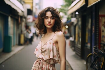 Poster - A woman in a floral dress stands on a city street