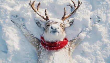 Sticker - A reindeer lies on its back in the snow with its antlers spread wide and a red scarf around its neck.