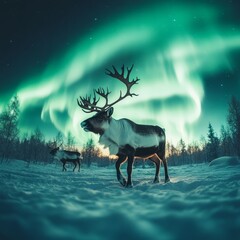 Canvas Print - A reindeer stands in the snow with the Northern Lights in the background.