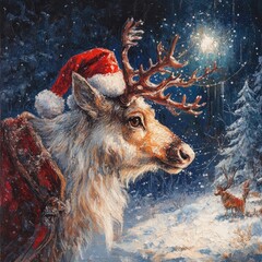 Canvas Print - A reindeer wearing a Santa hat looks at a bright star in the night sky.