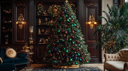 Wall Mural - A sophisticated Christmas tree adorned with emerald green, ruby red, and sapphire blue baubles, set in a lavish room with dark wood furniture, gold accents, and soft, glowing holiday lights,