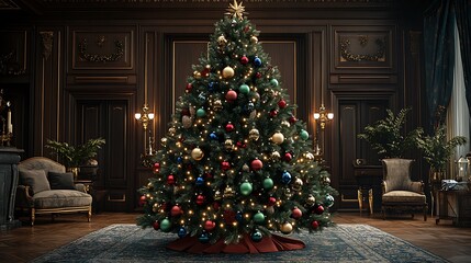 Wall Mural - A sophisticated Christmas tree adorned with emerald green, ruby red, and sapphire blue baubles, set in a lavish room with dark wood furniture, gold accents, and soft, glowing holiday lights,