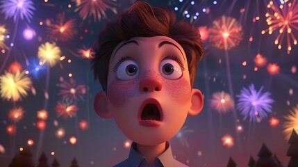 Wall Mural - 3D Illustration of a Boy Watching Fireworks