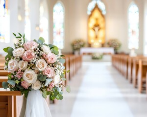 Captivating wedding bouquet featuring soft pink and white roses set in a serene church interior, perfect for capturing the essence of love and celebration.