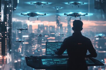 Poster - A drone pilot skillfully maneuvers multiple drones using a high-tech touchpad in a dynamic control room with a city view. Generative AI