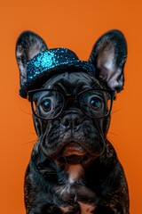 Poster - A dog wearing a sparkly hat and glasses. AI.