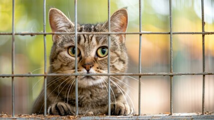 Poster - A cat looking through a wire fence. AI.