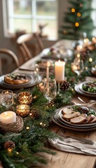 Canvas Print - A rustic Christmas table setting with pine garland, candles, and plates.