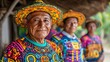 © Paul - Community members in a rural village proudly wearing shirts with ancient Mayan symbols, the vibrant colors reflecting the cultural heritage and spiritual beliefs of their ancestors, Psychedelic