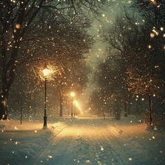 Wall Mural - A snow-covered path illuminated by street lights in a wintery park.