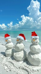 Poster - Three sandmen wearing red Santa hats line up on a beach. AI.