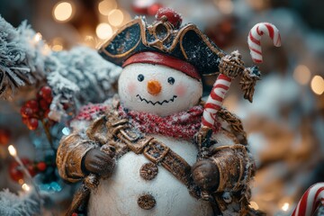 Poster - A smiling snowman wearing a pirate hat and holding a candy cane, with a festive background of twinkling lights.