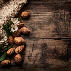 Wall Mural - Nuts placed on a rustic wooden background, capturing a natural, earthy feel