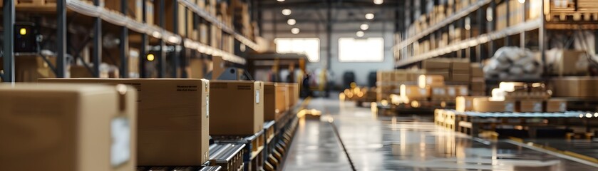Poster - A spacious warehouse filled with stacked boxes, showcasing efficient organization and logistics operations for inventory management.