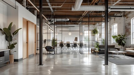 Poster - Modern workspace featuring glass walls, greenery, and an open layout for collaboration and productivity.